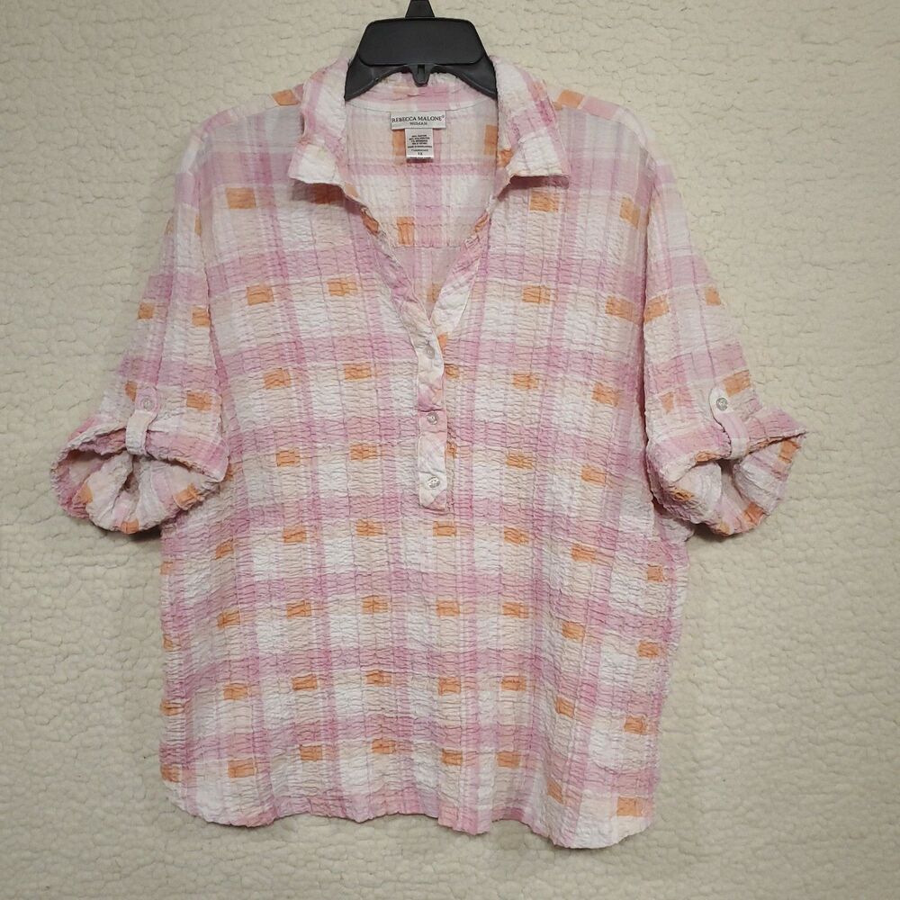 Rebecca Malone Pink Plaid Seersucker Blouse Top Size 1X Roll Tab 3/4 Sleeves